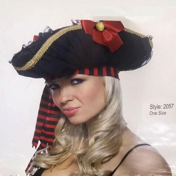 Leg Avenue Pirate Hat 2057 Black Tricorne Velour Lace Trim Red Bows Cosplay RARE - Picture 1 of 16